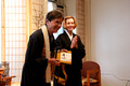 Receiving the rakusu.  This is the gold rakusu for teachers on formal occasions